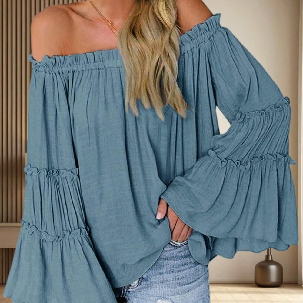 Blue Casual Women's Off Shoulder Long Bell Sleeve Flared Loose Blouse Top